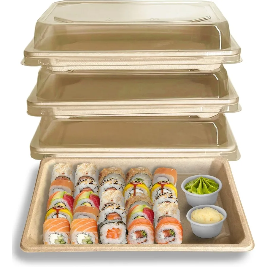 

150Pcs Large Compostable Sushi Trays with Lids - Natural Sugarcane Bagasse Take Out Sushi Container - Biodegradable, Disposable