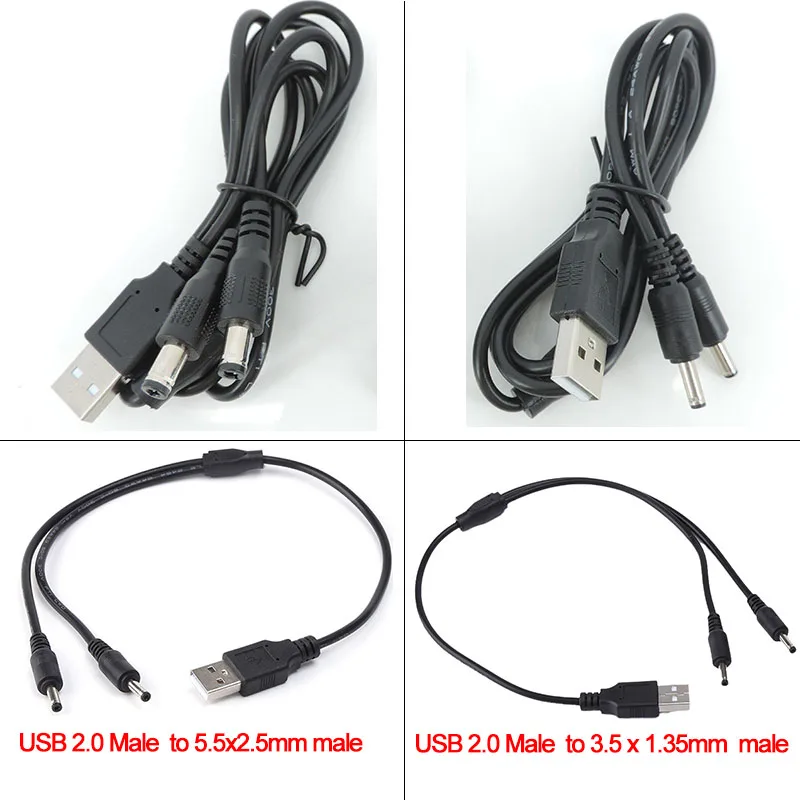USB 2.0 Male A to 2 way DC 3.5mm x 1.35mm 5.5x2.5mm male splitter Connector Plug power supply charger converter Cord 5V Cable