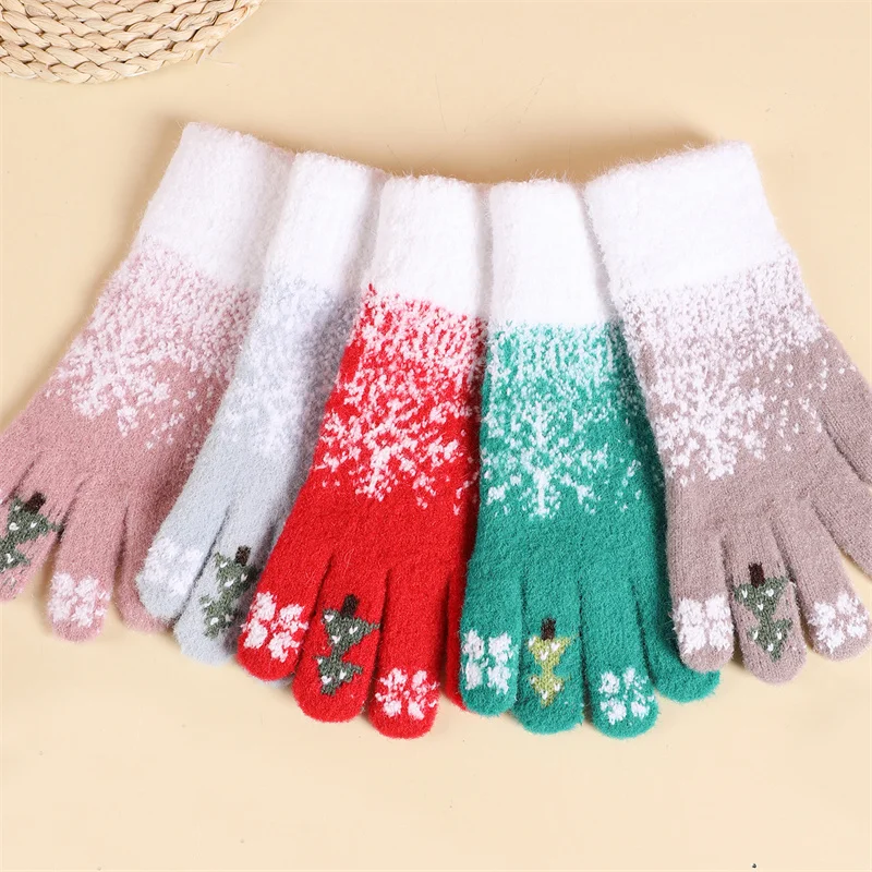 Christmas Snowflake Printing Gloves，Winter Thick Keep Warm Elks Xmas Mittens Lovely Girl Full Finger Gloves Christmas Gift