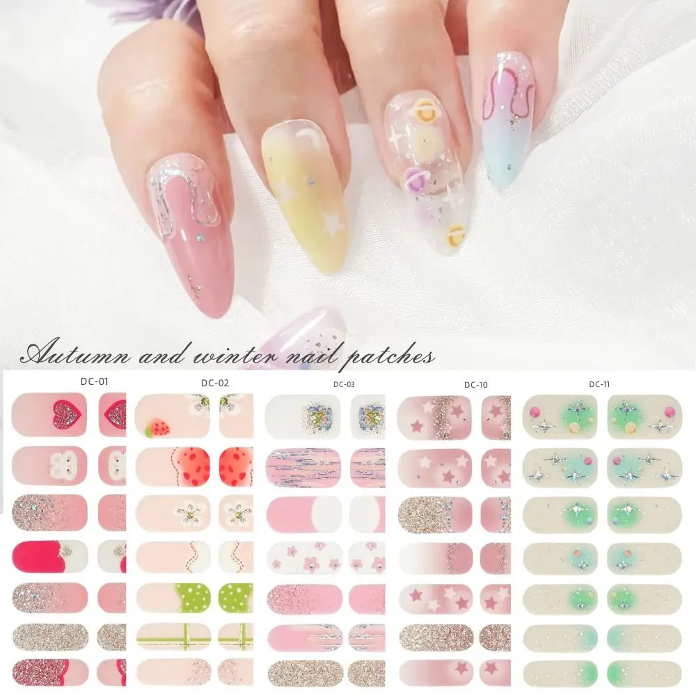 14 Strips Semi Cured Gel Nail Stickers Floristic Full Cover Gel Nail Polish Strips French Nail Art Nail Patch