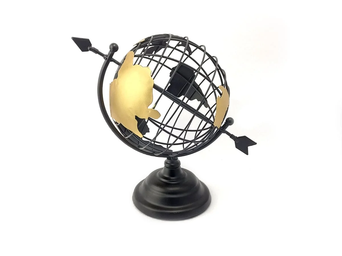 Globo Terrestre Decorativo Enfeite de Mesa Metal 29x18CM Preto e Dourado Decoração Escritório Casa