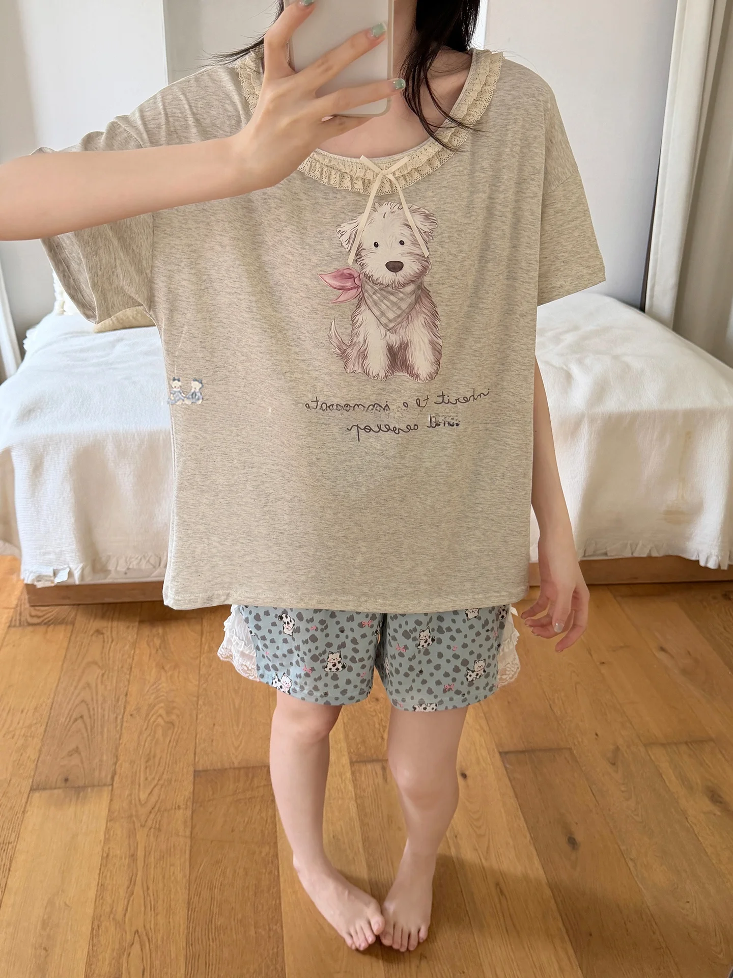 ビニアンナ-レディース-夏用-ホームウェア-パジャマ-半袖-シルクコットン-薄手-ショートパンツセット-漫画風-可愛いスタイル-ニットコットン生地