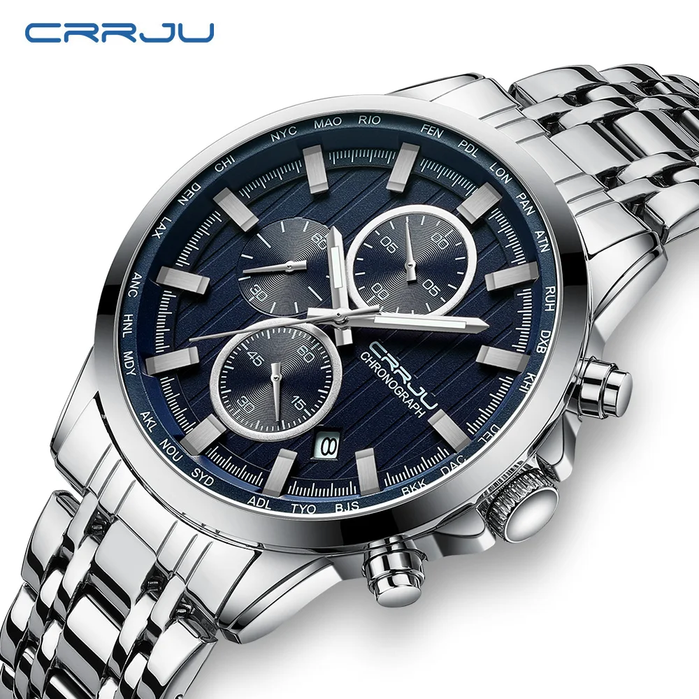 Watches for Men CRRJU Mens Watches Luxury Business Stainless Steel Chronograph Moon Phase Waterproof Date Analog Quartz Dress