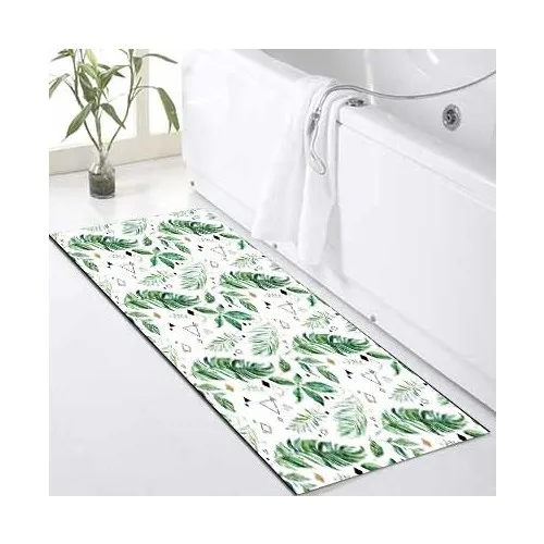 Else Kadser Green White Leaf Pattern Shower Bathtub Fronting Bath Mat