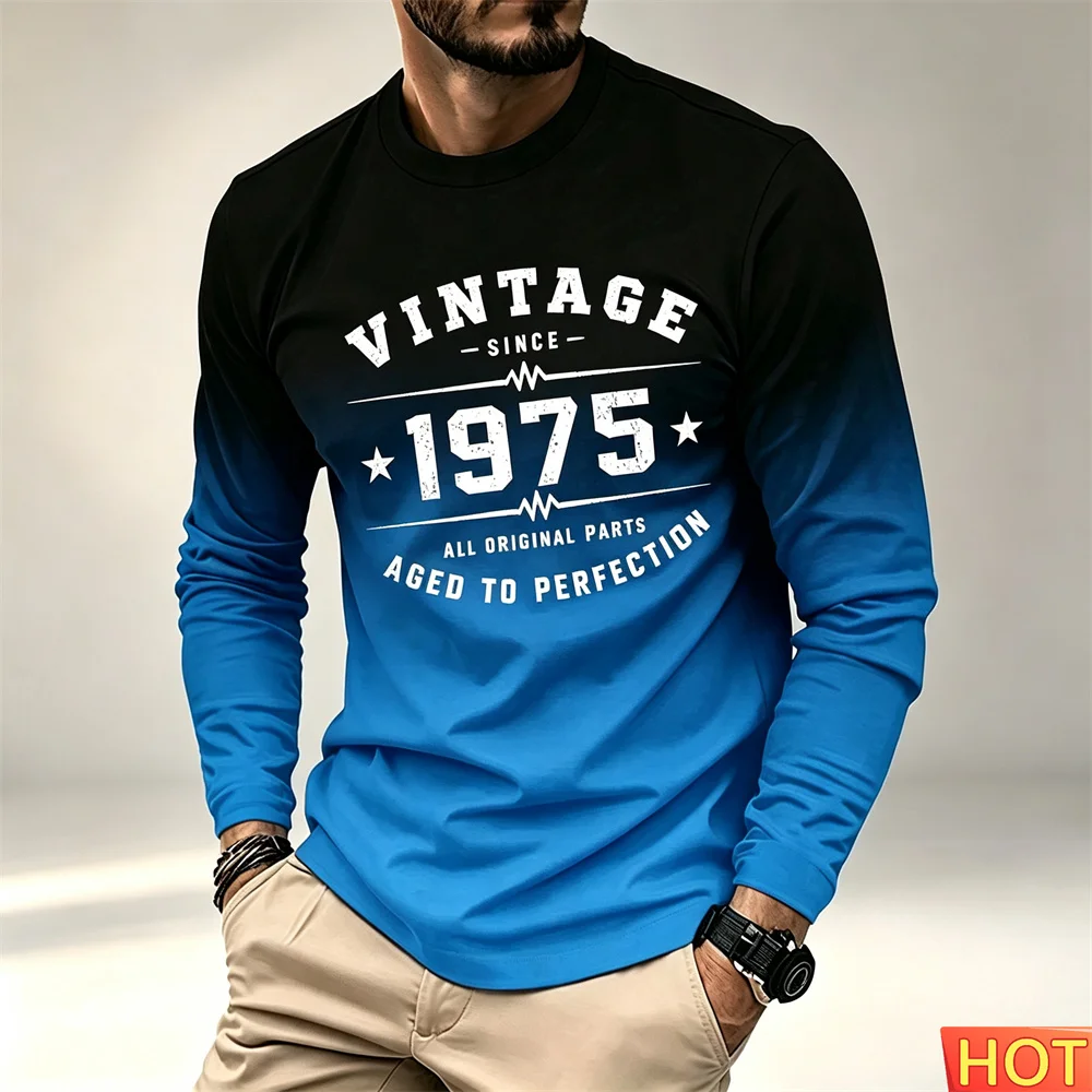 New Autumn and Winter Men's Long sleeved T-shirt Cotton Comfortable Round Neck T-shirt Gradient Fash