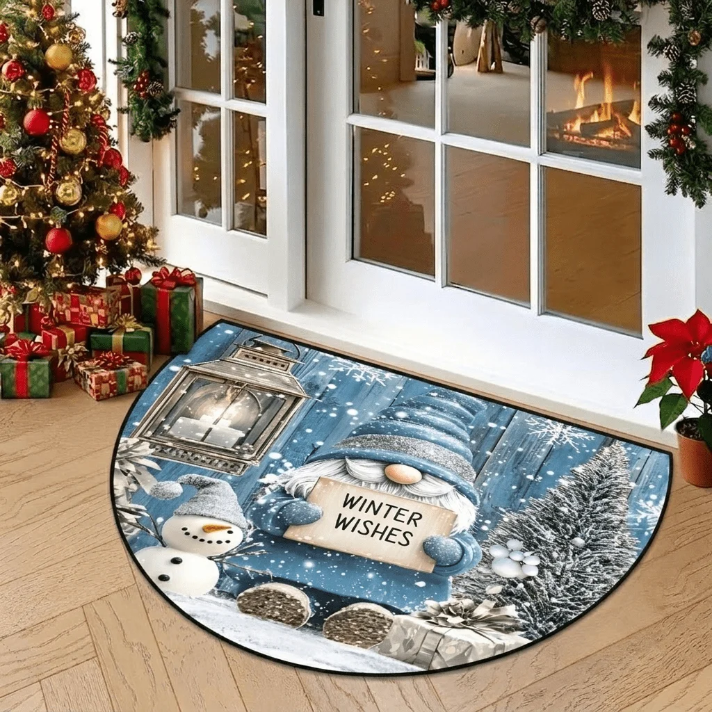 Blue Wood Texture Gnome Snowman Lantern Winter Wishes Rug For Cozy Cottage Doorstep Durable Outdoor Floor Mat