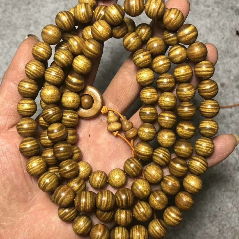 Sichuan golden nanmu wood bracelet 20mm old material with abundant water waves, 108 Buddhist necklace beads for men