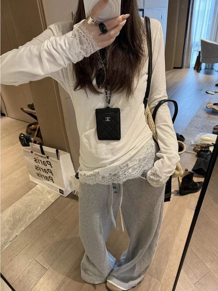 

OHLABABY Bla Label Lace Splice Miu Sle Long Sve Women's Mid-Length T-irt Base irt Top for Autumn Commute Faion