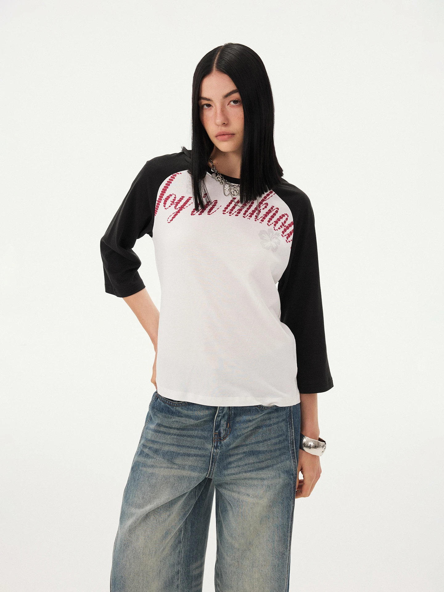 DIDDI MODA Retro Slogan Print Color Block Shoulder Insert Seven Quarter Sleeve Shape T Shirt Women Summer 2026 New Arrival Ca...