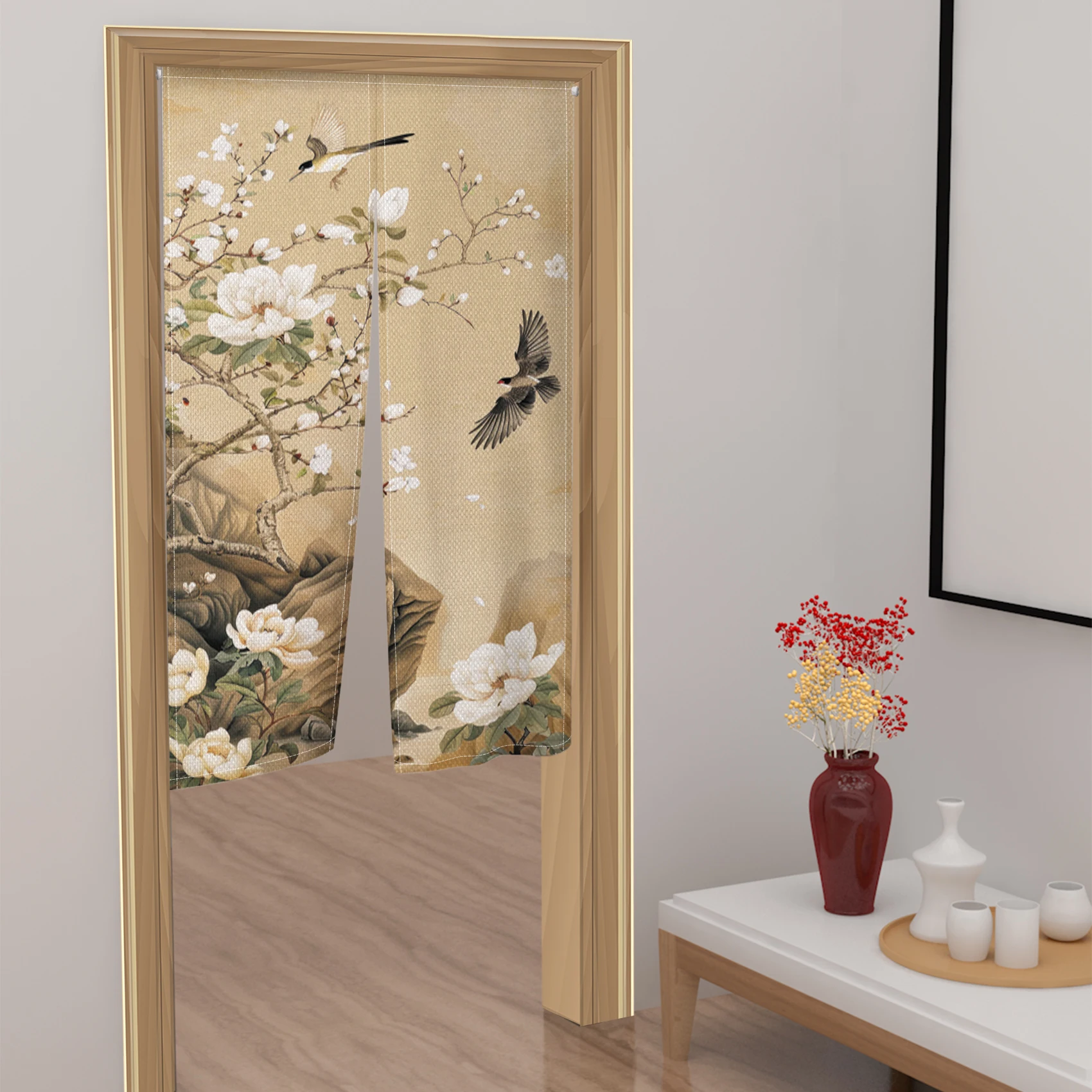 Chinese Style Bird Flower Noren Curtain Traditional Home Decor Doorway Partition Screens Restaurant Kitchen Split Half-curtains