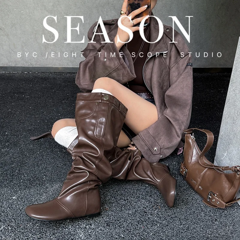 2026 autumn winter women knee-high boots 22-25cm microfiber leather round toe thin Internal elevation Pile up boots long boots