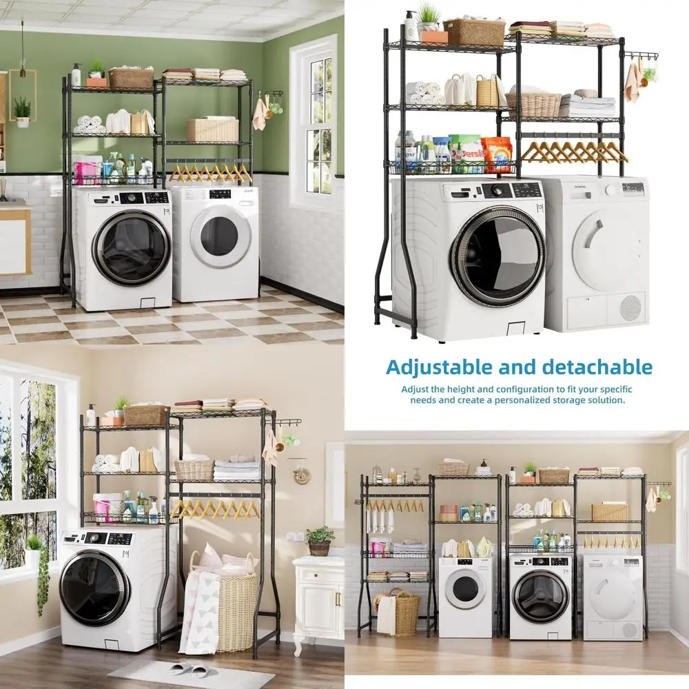 

5-Tier Adjustable Laundry Room Shelving with Drying Rack, Hanger Rod, and Hooks for Space-Saving Storage