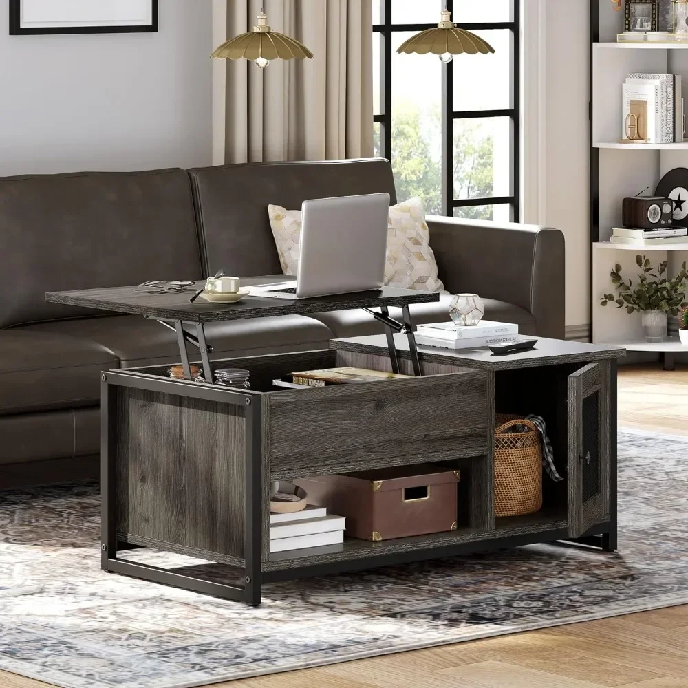 Lift Top Coffee Table with Storage, Double Doors , Wood Tea Center Table sLiving Room for Home Offices, Grey Wash