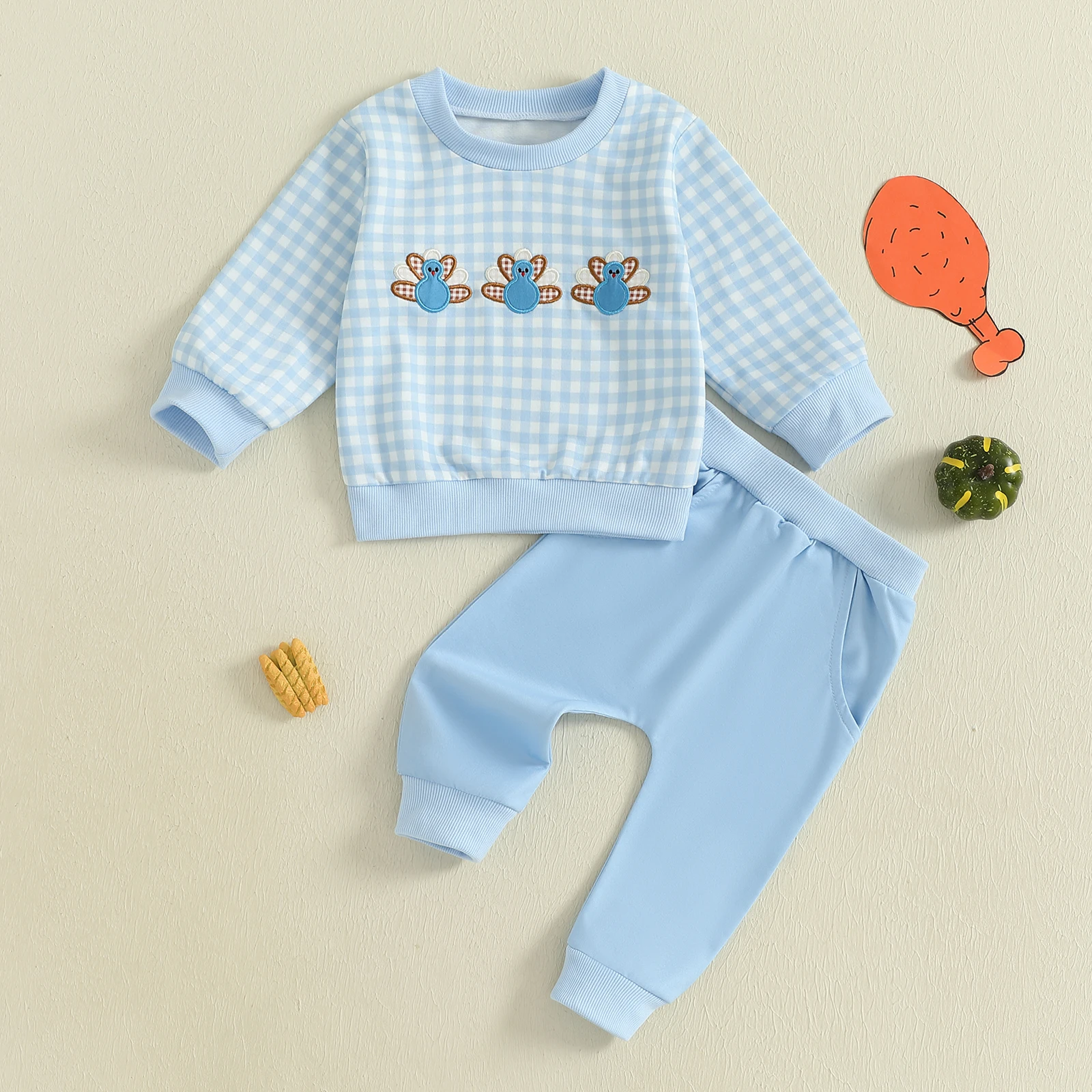 

Toddler Baby Boys Thanksgiving Outfit Turkey Embroidered Plaid Long Sleeve Sweatshirt with Pants 2Pcs Set Fall