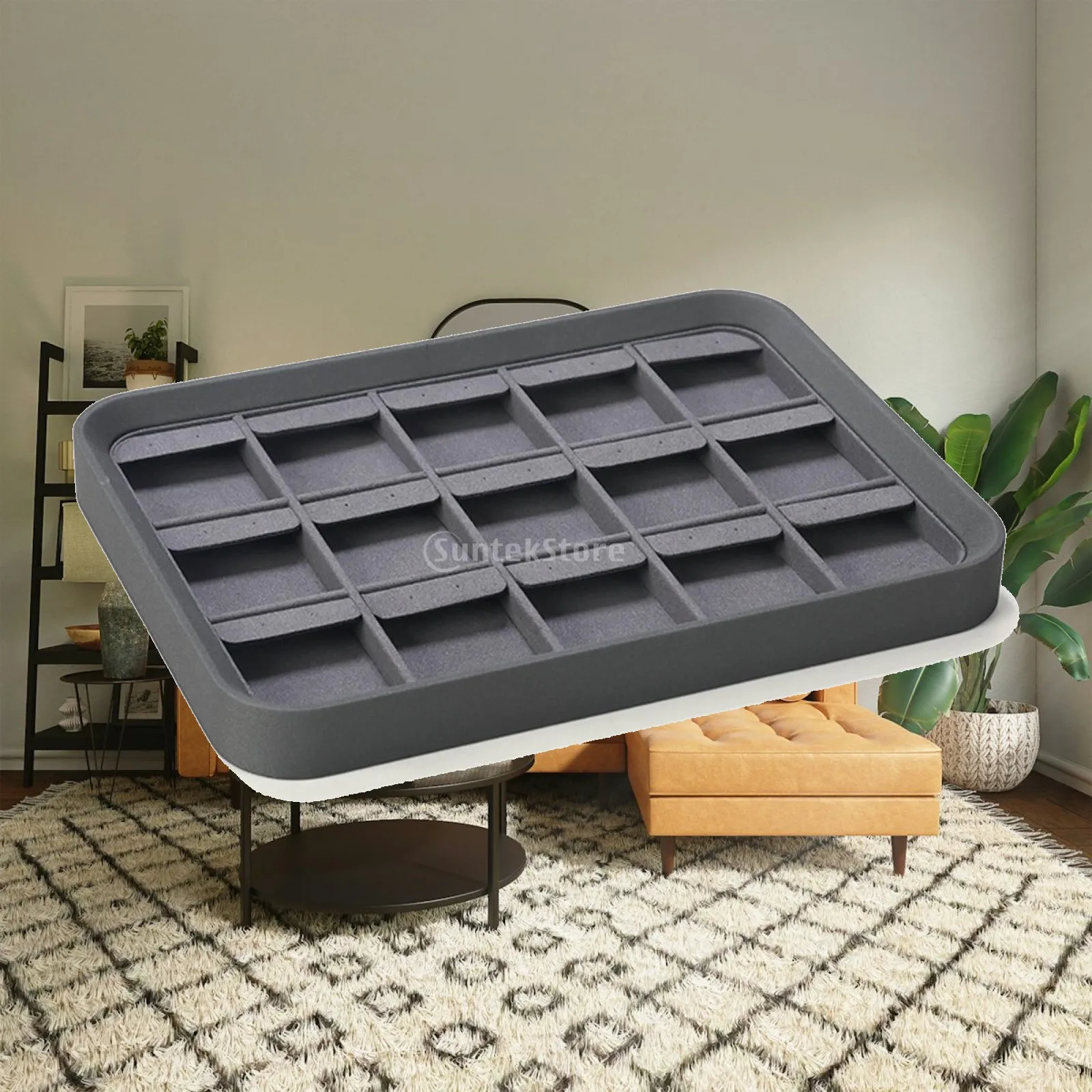15 Slot Jewelry Display Tray PU Leather Flocked Organizer for Earrings Necklaces Rings Vanity Storage Box
