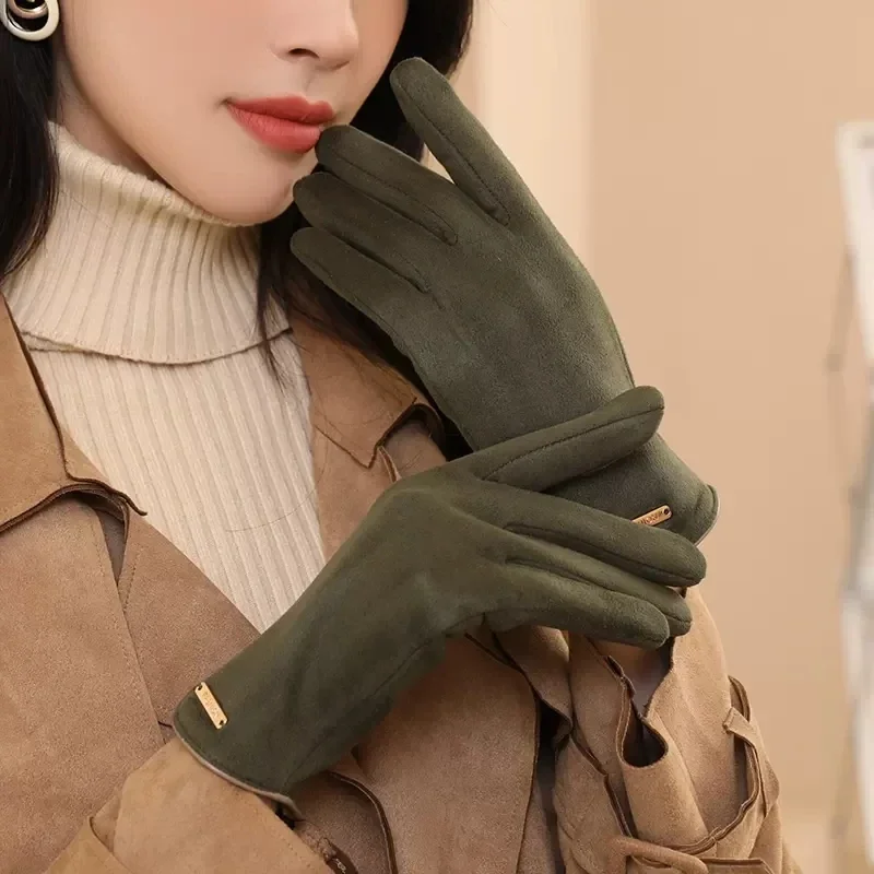 Guantes de invierno cálidos de gamuza coreana para mujer, guantes ajustables sin dedos con pantalla táctil, guantes de conducción femeninos a prueba