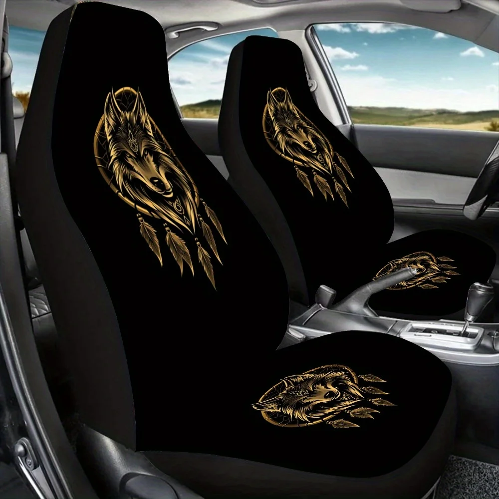 2pcs Golden Wind Chime Wolf King Print Car Seat Covers - Black With Golden Wolf Design, Fit For Cars, SUVs, Trucks, And Sedans -