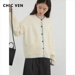 CHIC VEN Women Cardigan Loose Casual New Contrasting Color Knitted Sweaters Female Long Sleeved Jumpers Autumn Winter 2024