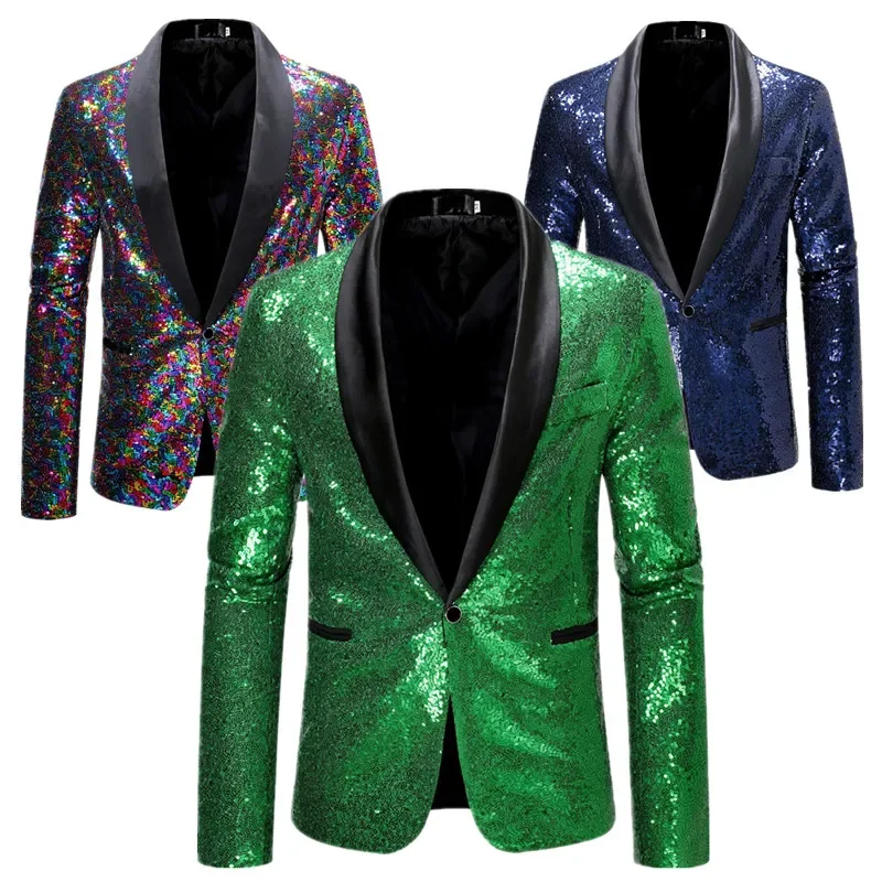 

Green Men Sequin Suit Jacket, Blue Singer Host Stage Dress Coats, European Size Blazers, S-XXL.