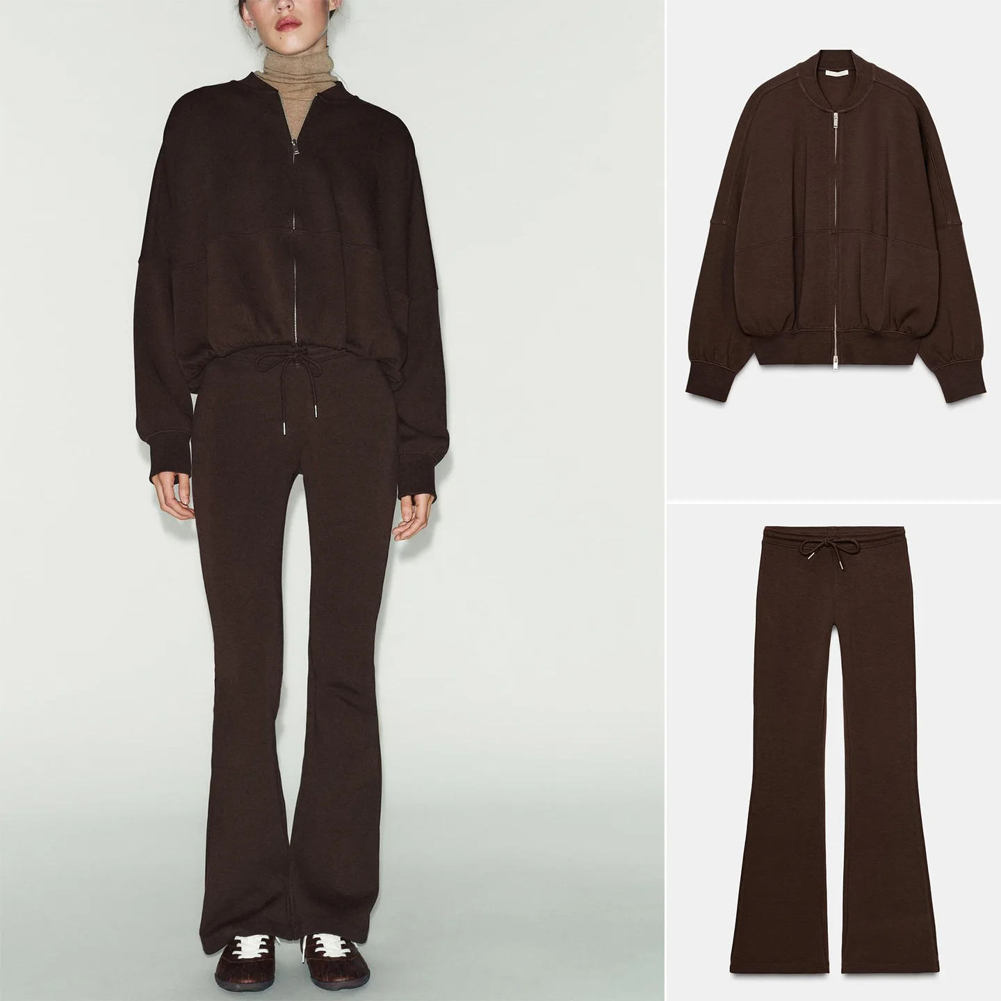 

High Waist Belted Double-Sided Fabric Flared Pants And Pilot Jacket Set round Neck Long Sleeve Women's Fashion Autumn Outfit