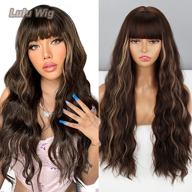 Long Highlight Dark Brown Wig with Bangs Long Brown Wavy Wigs for Women Natural Heat Resistant Synthetic Wigs Daily Party Use