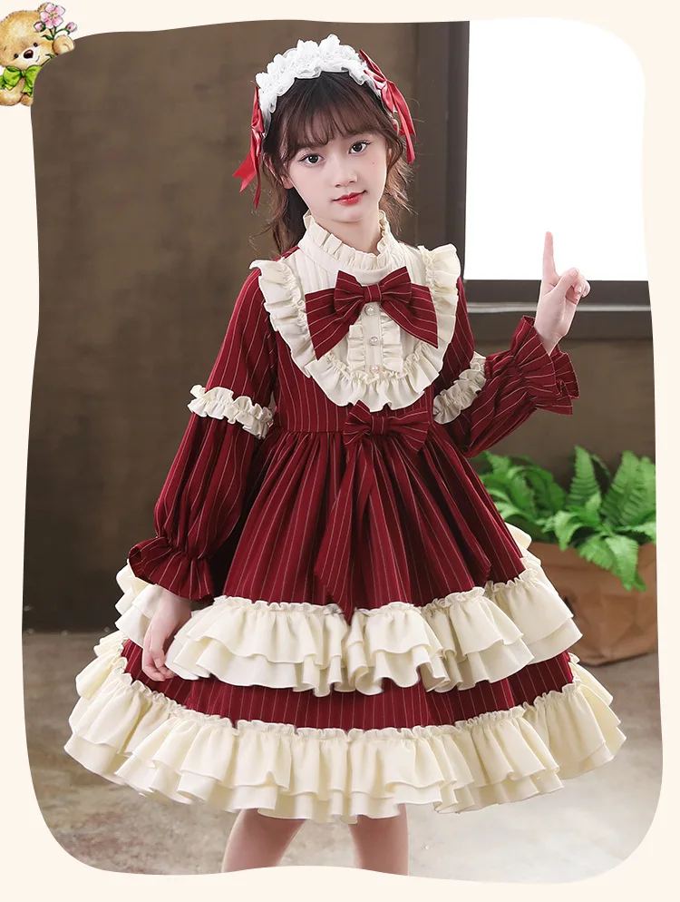 Spring Autumn Dress for Girls Teenagers Lolita Kawaii Wedding Dress Ball Gown Striped Princess Party Vestidos Dresses for Girls