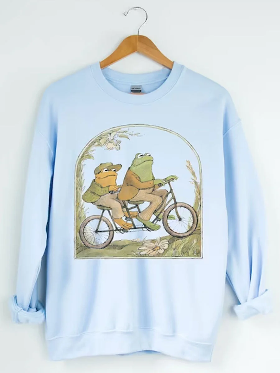 Moletom estampado para mulheres, suéter retrô, elegância, viagem de primavera, suéter feminino confortável, 2 sapos em bicicleta, passeio na primavera, bonito vintage