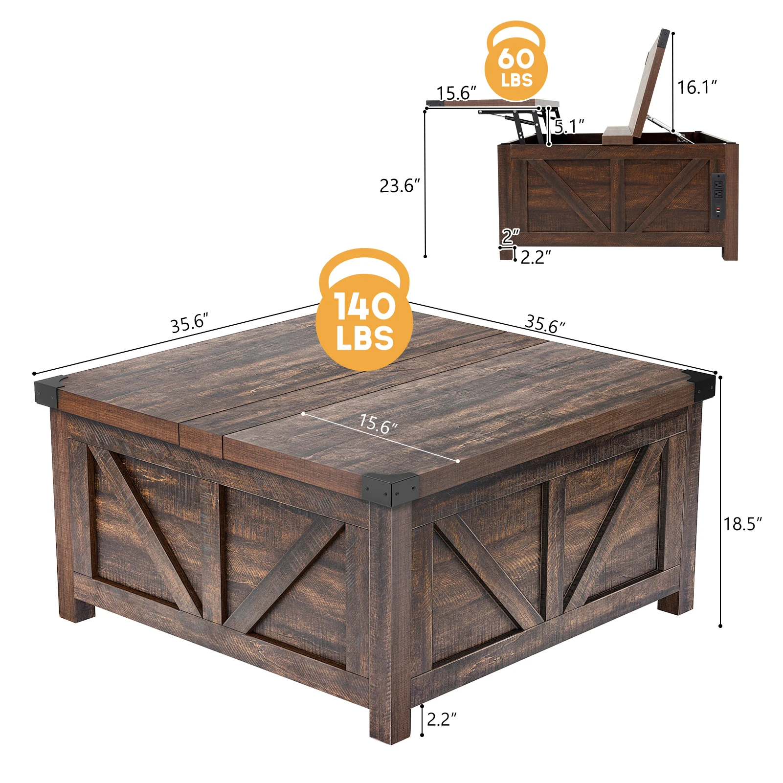 Farmhouse Lift Top Coffee Table, Mesa central da sala de estar com espaço oculto, Wood Square Center Table com estação de carregamento, Marrom