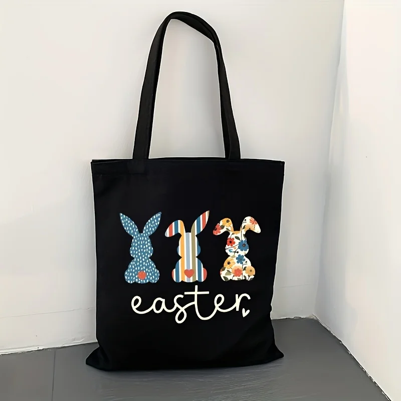 1pc Easter Bunny Print Lightweight Tote Bag Stylish Black Shoulder Bag with Colorful Bunny Design Durable Polyester Shopping Bag