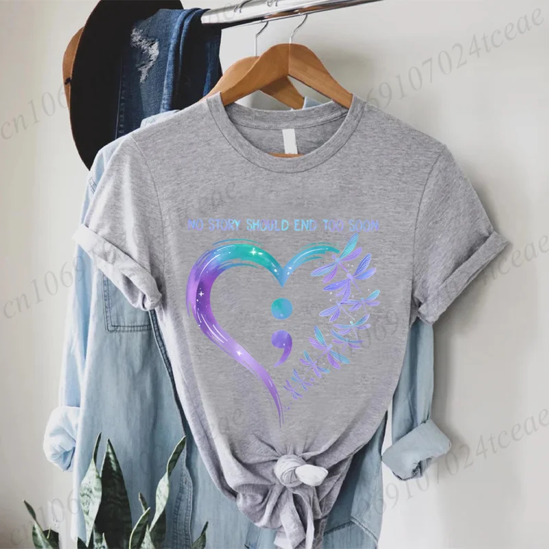 Semicolon Dragonfly Heart Shirt Women's Casual T-shirt Harajuku Women's Tees Mental Health Awareness Tee Women's T-shirt Clothes