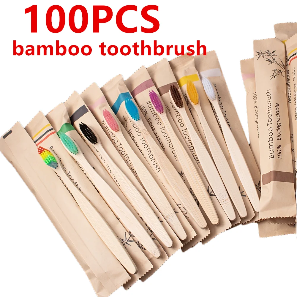 100-50 Pack Eco Friendly Natural Bamboo Toothbrushes,Soft Bristle Vegan Organic Wooden Travel Hotel Tooth Brush for Adults Kids