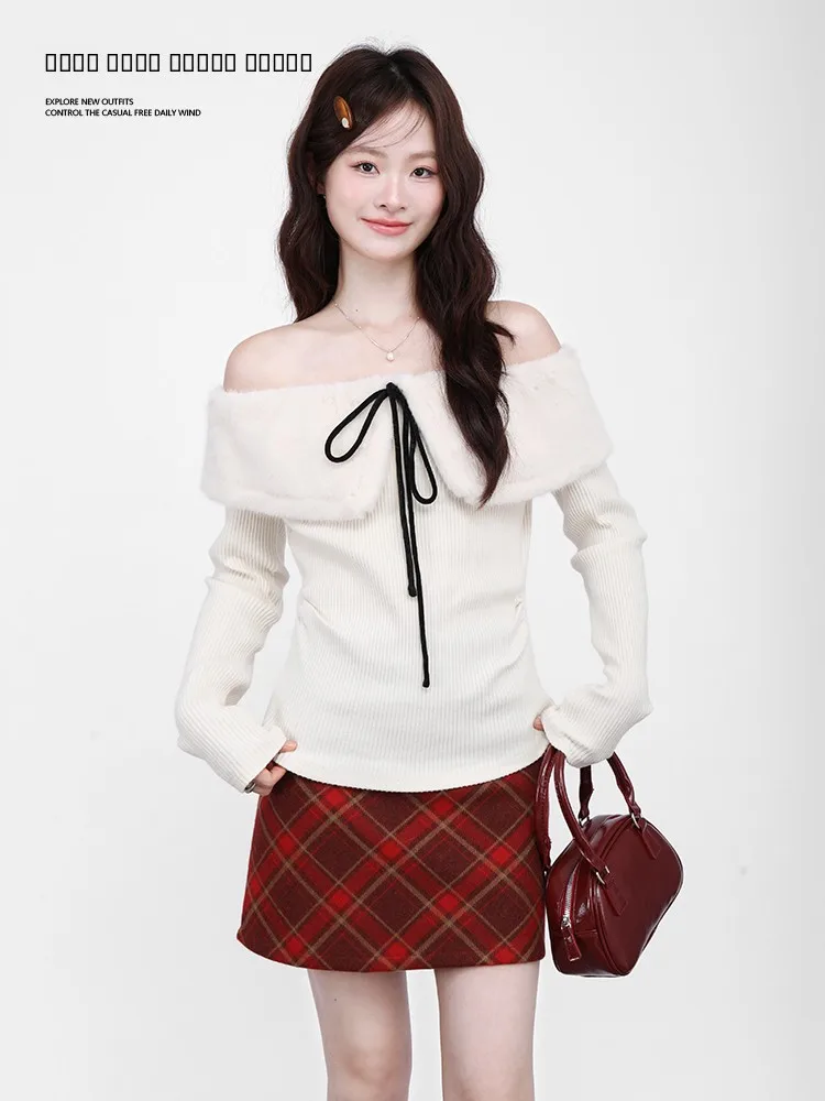 

Tee Galaxy Residents Gentle Aosphere White Knitted Long Sve oulder Bared Women's Autumn Winter Pure Desire Top