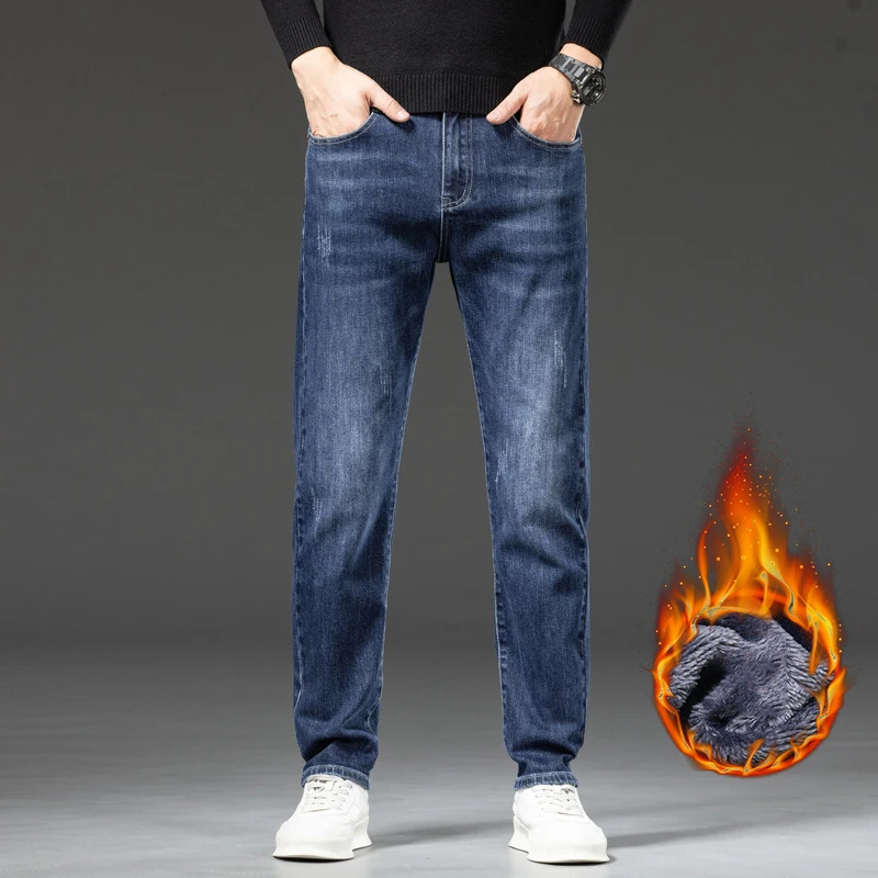 Plush Men's Casual Jeans Vintage Straight Elastic Slim Fit Winter Fleece Sweatpants Fleece Business Warm Thicken Trousers