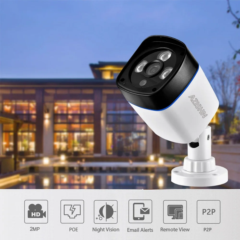 AZISHN 1080P IP Camera Motion Detection RTSP Outdoor Waterproof Indoor Video Security Surveillance Bullet 48V POE CCTV Cam