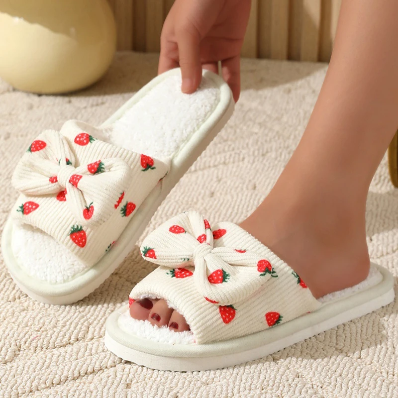 Cute Strawberry Bowknot Home Slippers for Women Lightweight Flat Plush Warm Shoes Woman Winter Comfort Non Slip Indoor Slippers
