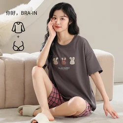 Summer Knitted Cotton Cartoon Rabbit Print Sleepwear Pajama Sets for Girl Short Suits Pajamas with Bra Padded Homewear