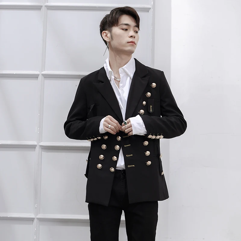 Spring And Summer New Black Personality Men's Jackets Singer Stage Suit Double Breasted Large Size Male Clothes Banquet Wedding