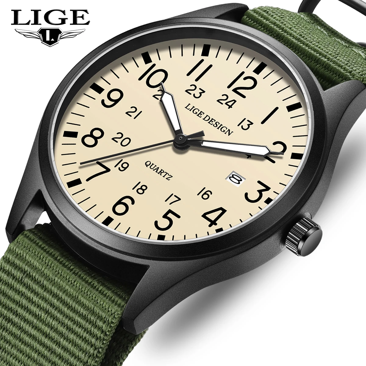 

LIGE уличные модные кварцевые мужские часы, повседневные спортивные простые часы с автоматической датой, нейлоновый ремешок, водонепроницаемые светящиеся подарочные часы для мужчин