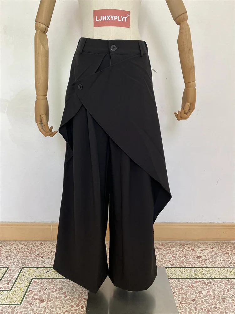 Women’s Slanted Button Design Solid Color Wide Leg Pants Vintage 90s Style Black Suit Pants Casual Female Loose Thin Trousers