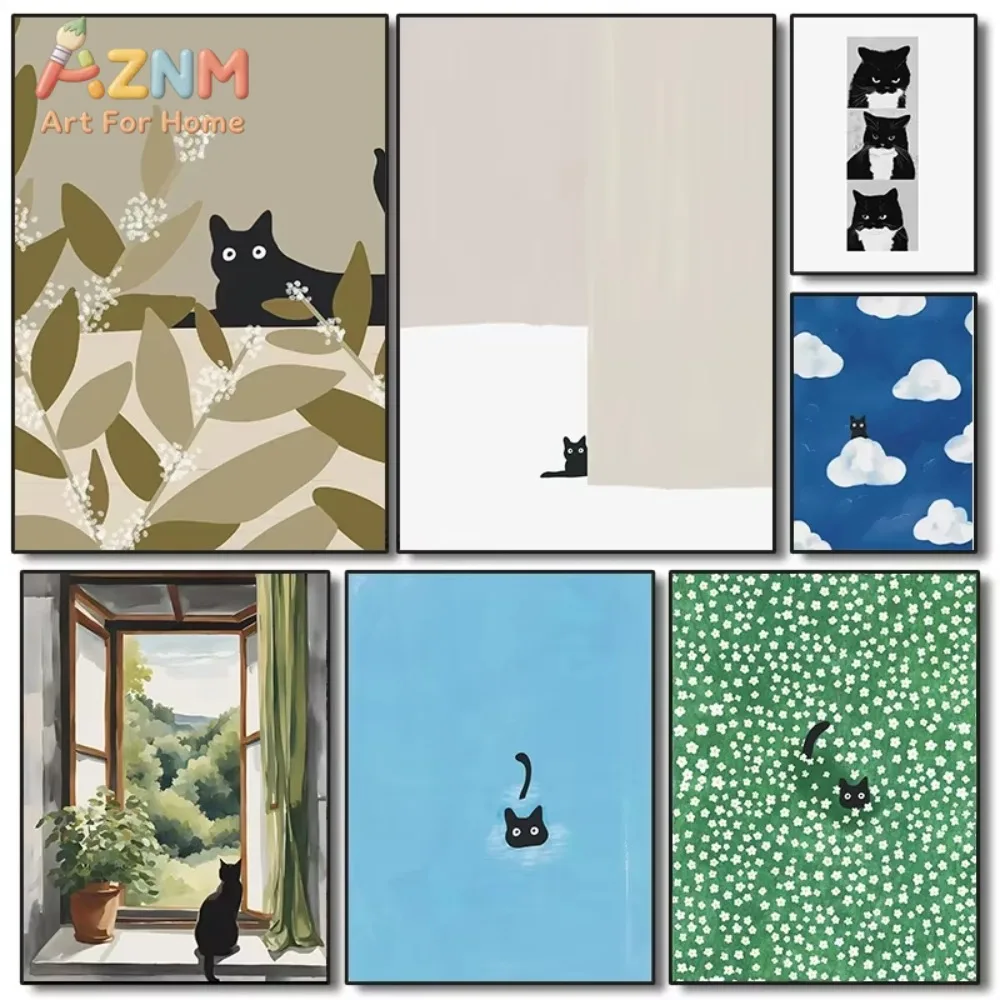 

1pc Abstract Black Cat Drawing Poster Cute Cats Pop Illustration Prints Canvas Painting Aesthetic Wall Pictures Home Room Decor