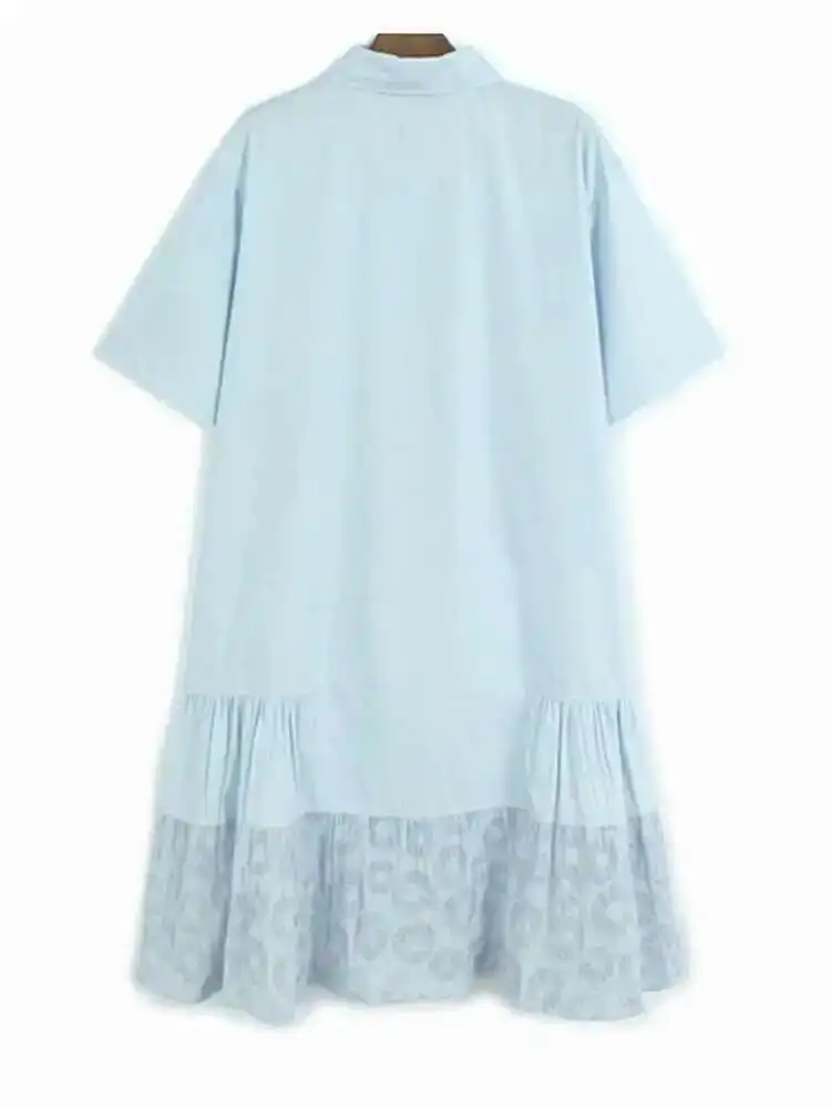 Abito da donna midi con stampa a cerchio blu impiombato di grandi dimensioni Nuovo bavero manica corta moda marea primavera estate