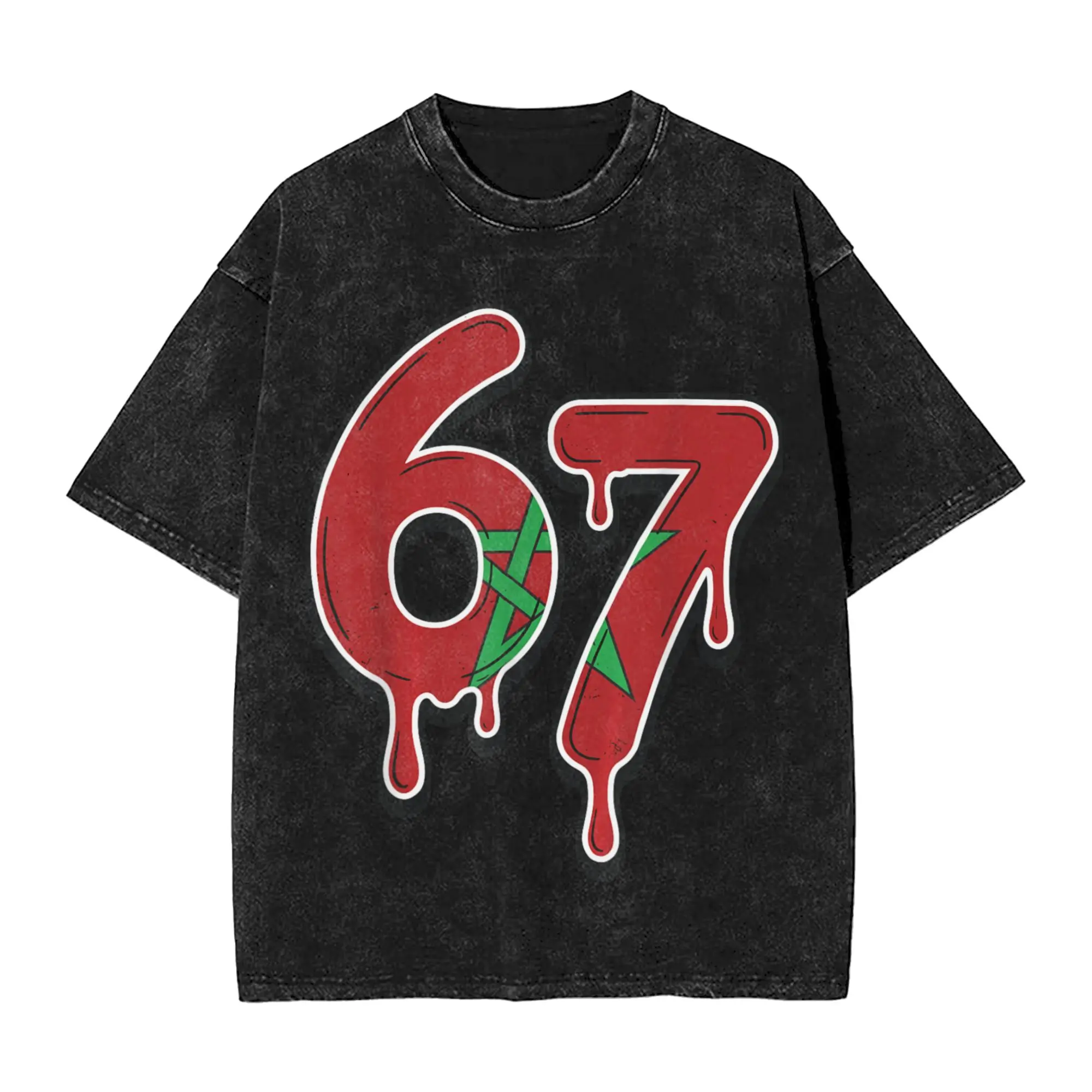67 Six Seven Morocco Flag Moroccan Washed T Shirt Streetwear  Vintage T-Shirts  Tees Tops Men Women Short Sleeve Harajuku Summer