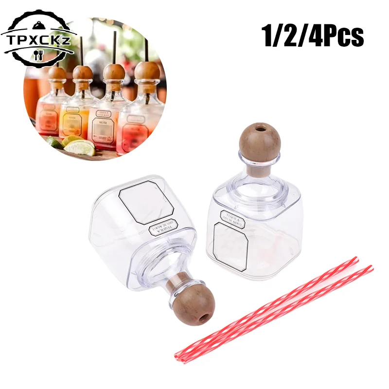 Botellas vacías de 375ml para bebidas, vasos reutilizables con agujero de paja, Mini botellas de Tequila de plástico, botellas de licor, botellas para beber