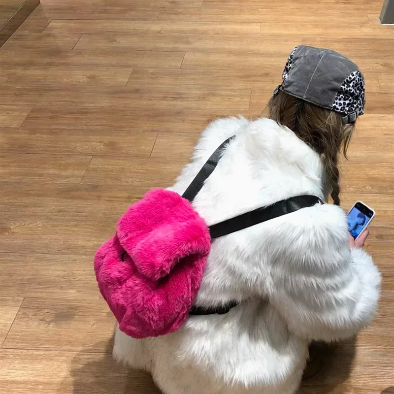 Solid Color Fake Fur Women's Backpack Fashion Large Capacity Plush Female Double Shoulder Bag Winter Girls Furry Tote Schoolbags