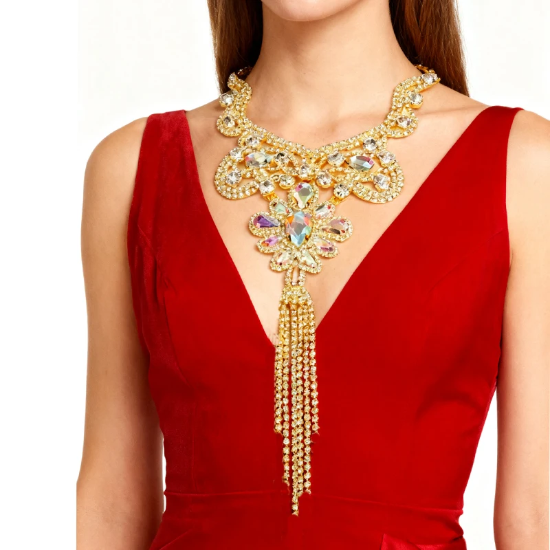 Rhinestone Tassel Epaulet Appliqué Gold Silver Color Crystal Sew-On Patch Garment Accessories Shiny Long Tassel Design