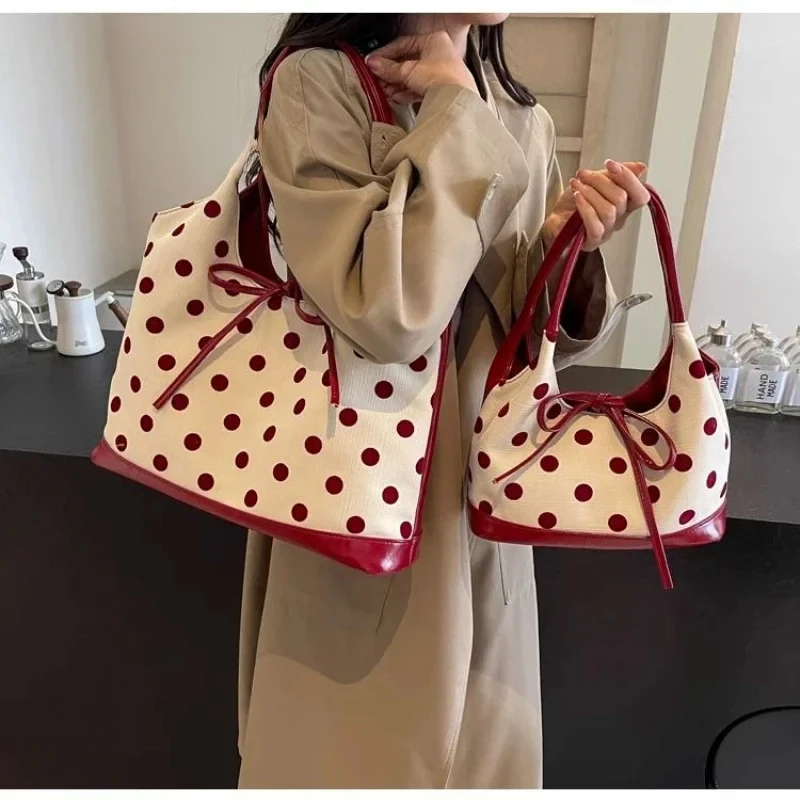 Commuter Large Capacity Boston Bag Women New Popular Canvas Polka Dot Shoulder Underarm Bag Fashion Satchels Casual Tote Package