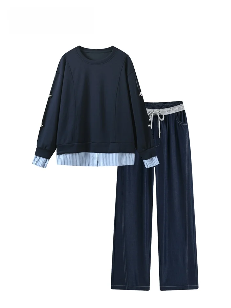 Club Large Size College Sle Set Women's Autumn New Long Sve round Ne T-irt Wide Leg Straight Pants Ensemble