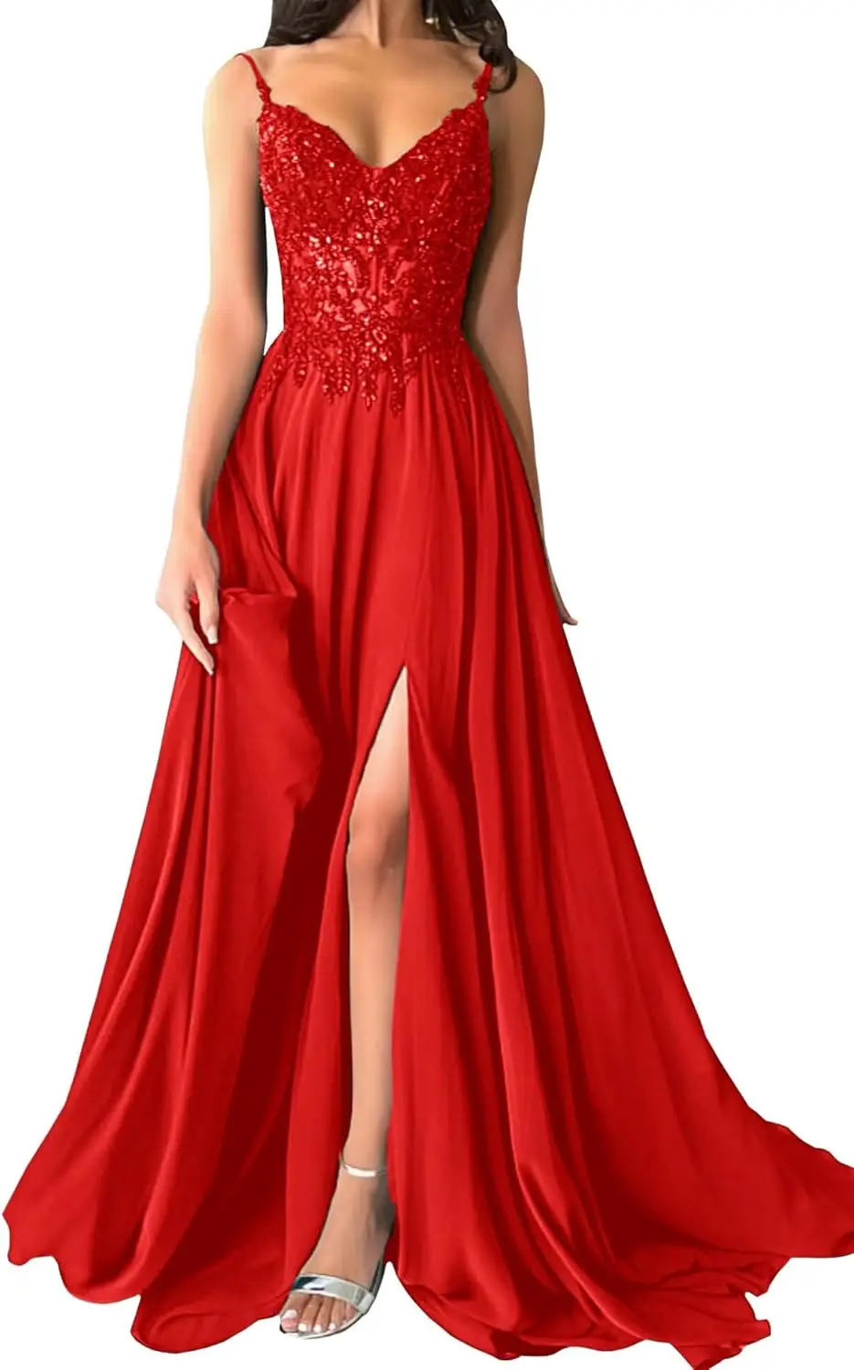 

Блестящие кружевные аппликации Шифоновые платья для выпускного вечера с v-образным вырезом на тонких бретельках Вечернее платье Длинные бальные платья с разрезом Вечерние платья