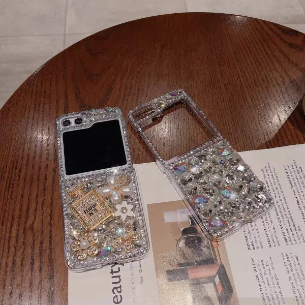 삼성 갤럭시 Z 플립 4G 6 5 4 3 5G DIY 패션 핫 3D 블링 반짝이 크리스탈 다이아몬드 향수병 하드 클리어 케이스 커버
