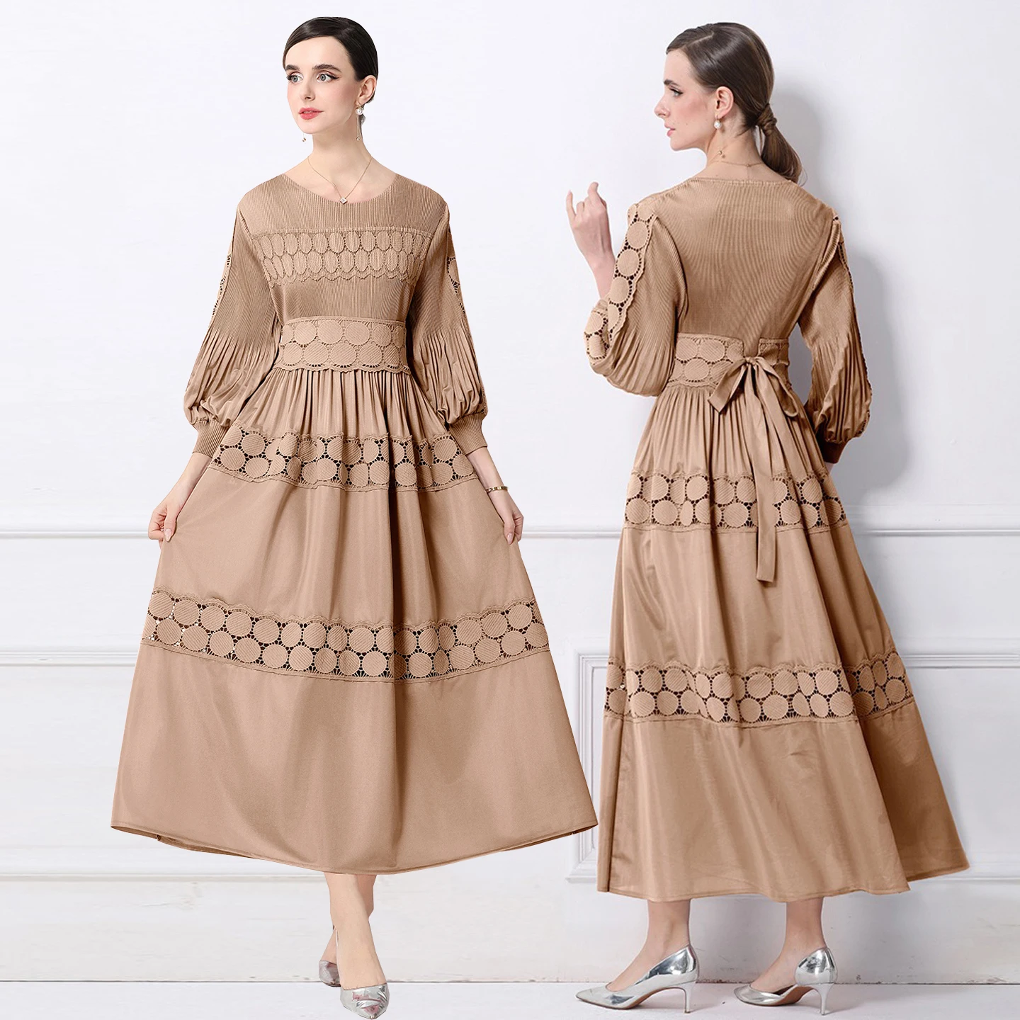 

Elegant Long Lantern Sleeve Lace Dress Waist Cinched Maxi Skirt Polyester Fabric Medium Stretch A-Line Silhouette V-Neck Dress